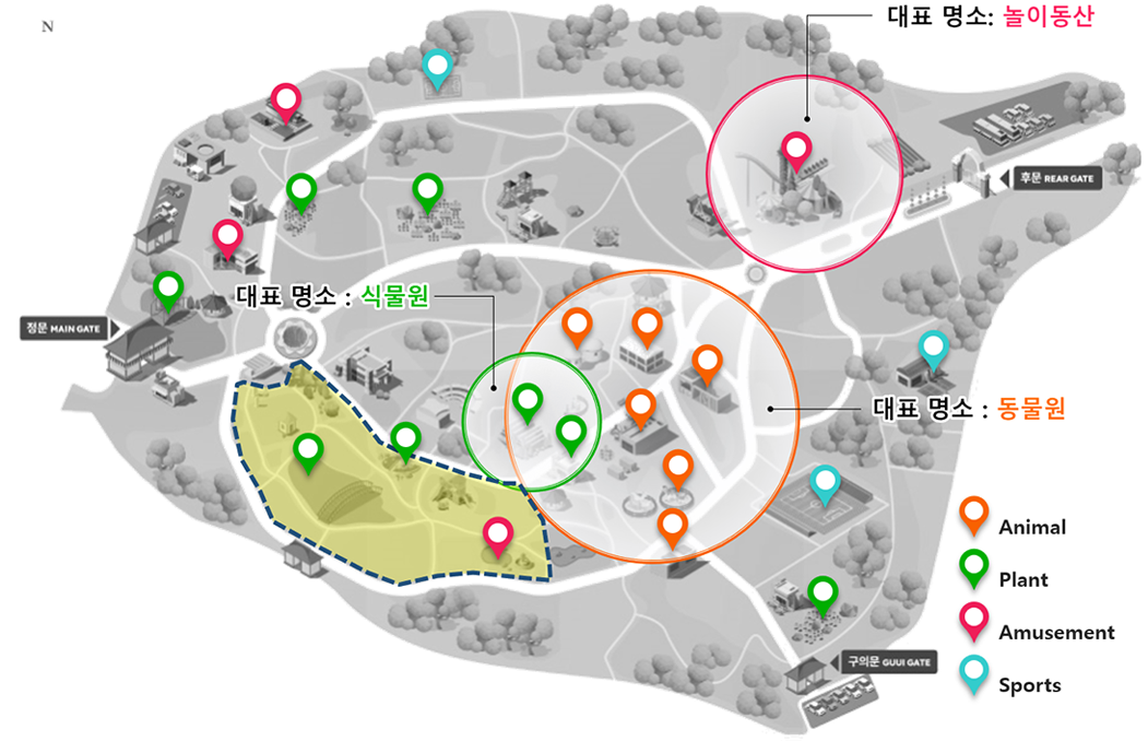 어린이대정원 정원 위치도 : 대표명소: 놀이동산, 식물원, 동물원의 위치 안내 그림. Animal:주황색, Plant:초록색, Amusement:핑크색, Sports:아쿠아블루