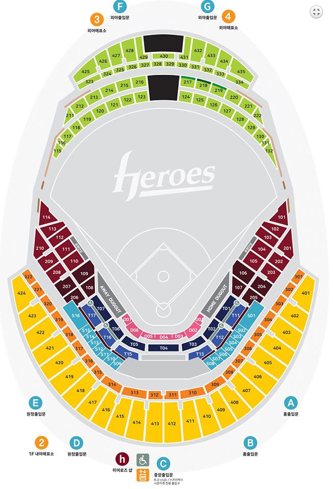 스카이돔의 좌석배치도입니다. 하단 중앙에 내야측입구, 상단중앙에 외야측 입구가 존제하며, 내야측 우측하단부터 시계방향으로 401번부터 424번, 301번부터 322번, 201번부터 210번, 101번부터 114번까지 있으며, 205번부터 206번 사이에는 T01~T07, T11~T17, S01~S16이 존제하고, 정중앙엔 VIP와 방송실이 존제합니다. 외야측의 경우 좌측상단부터 425~435, 323~334, 211~222, 115~132가 존제합니다.