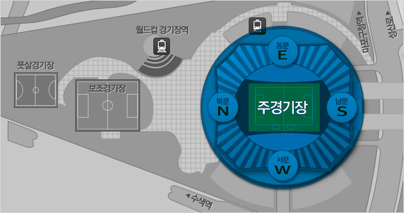 주경기장 안내지도 : 풋살경기장, 보조경기장, 월드컵 경기장역, 마포구청역, 성산로, 수색역, 주경지장1층 리셉션홀